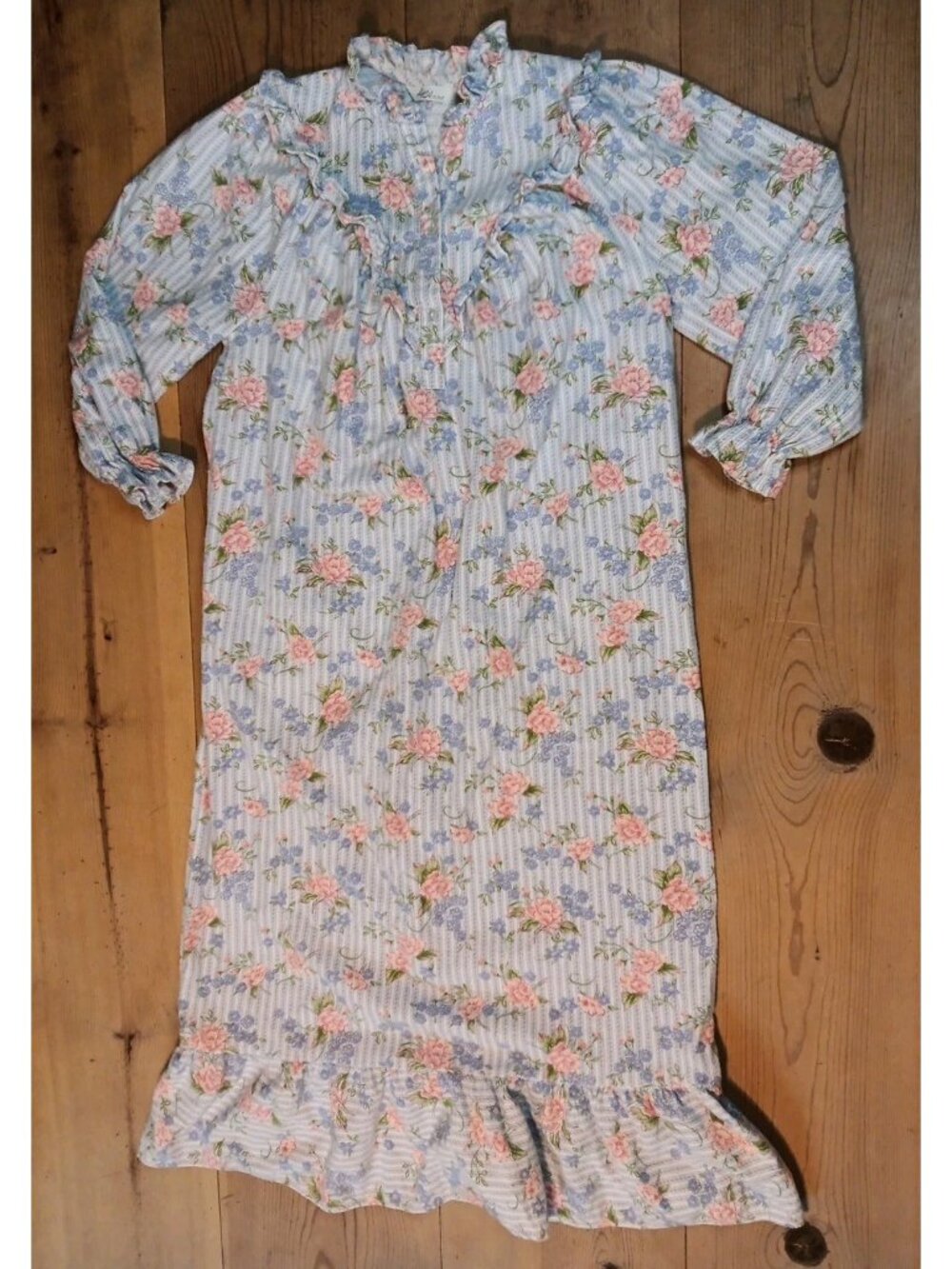 Vintage LynAnne Flannel Maxi Nightgown Women M Floral Stripe Ruffle Cottagecore